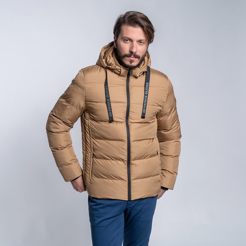 Men Fashion Puffer Jacket Μπουφάν Μπεζ (Σαμπανί) με Αποσπώμενη Κουκούλα (Modern Fit) 13