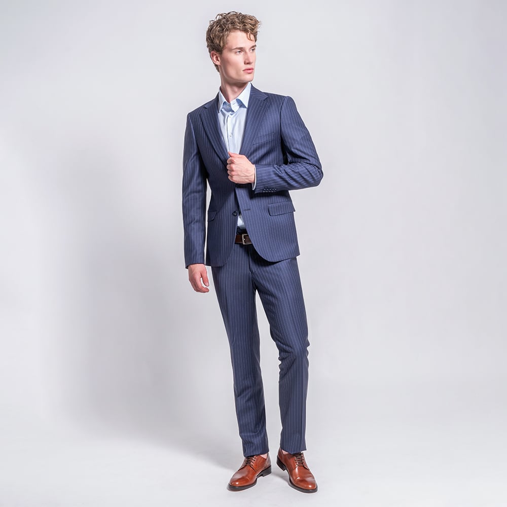 Blue striped Seersucker 3 piece Suit with a pocket square
