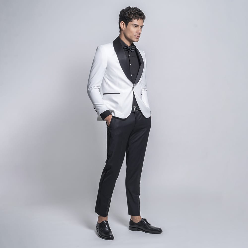 Men Prince Oliver Σμόκιν-Tuxedo Λευκό/Μαύρο με Shawl Σατέν Πέτο (Modern Fit) 14