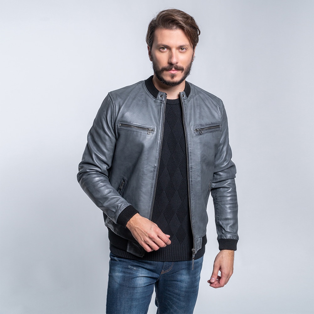Men Prince Oliver Δερμάτινο Bomber Γκρι 100% Leather Jacket (Modern Fit) 11