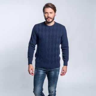 Clothing Prince Oliver Dark Blue Round Neck Sweater with Jacquard Knitting 100% Cotton (Modern Fit)