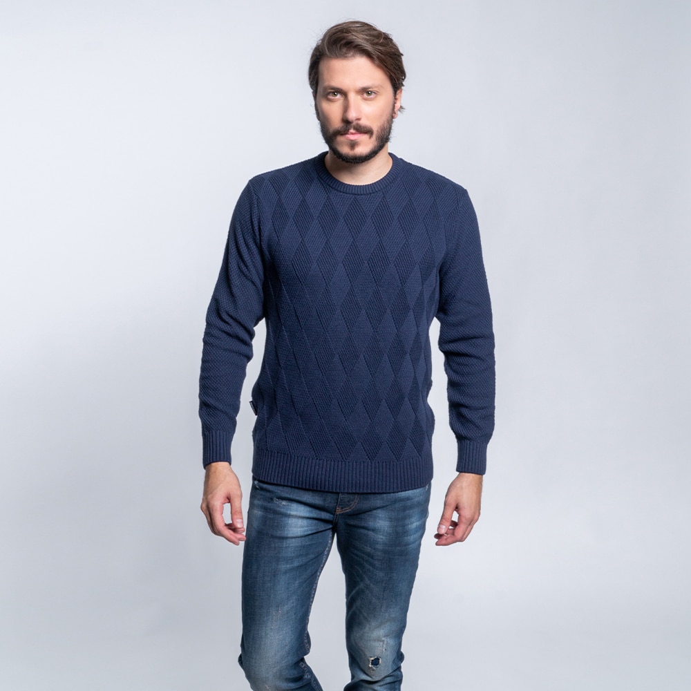 Prince Oliver Πουλόβερ Μπλε Σκούρο Round Neck Πλέξη Ζακάρ 100% Cotton (Modern Fit) New Arrival