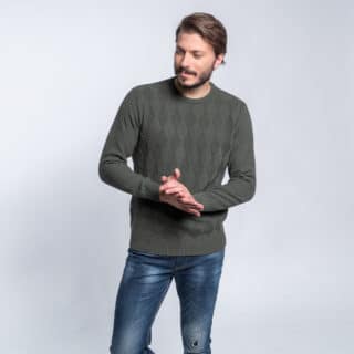 Clothing Prince Oliver Olive Green Knitted Jacquard Sweater 100% Cotton (Modern Fit)