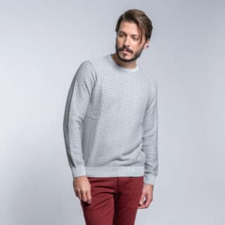 Clothing Prince Oliver Grey Round Neck Sweater with Jacquard Knitting (Modern Fit)