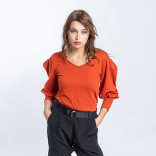 Clothing Women’s Orange Puffed Sleeve Blouse 100%Cotton