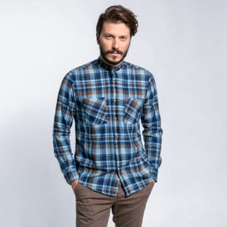 Clothing Prince Oliver Mao Check Shirt Blue / White / Terracotta 100% Cotton (Modern Fit)
