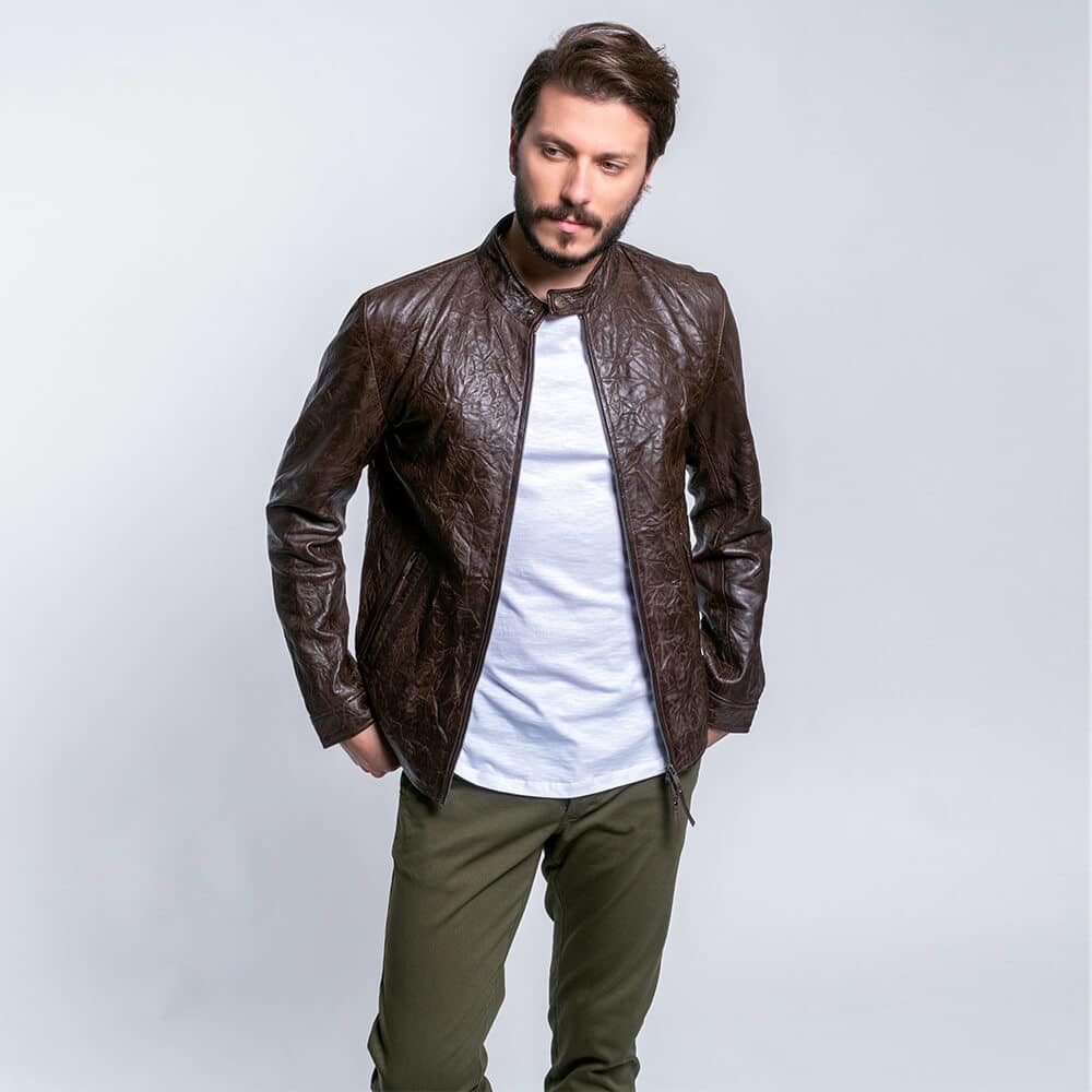 Men Prince Oliver Racer Jacket Καφέ 100% Leather (Modern Fit) 12