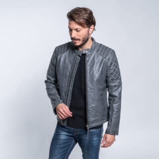 Clothing Prince Oliver Grey Racer Jacket 100% Leather (Modern Fit)