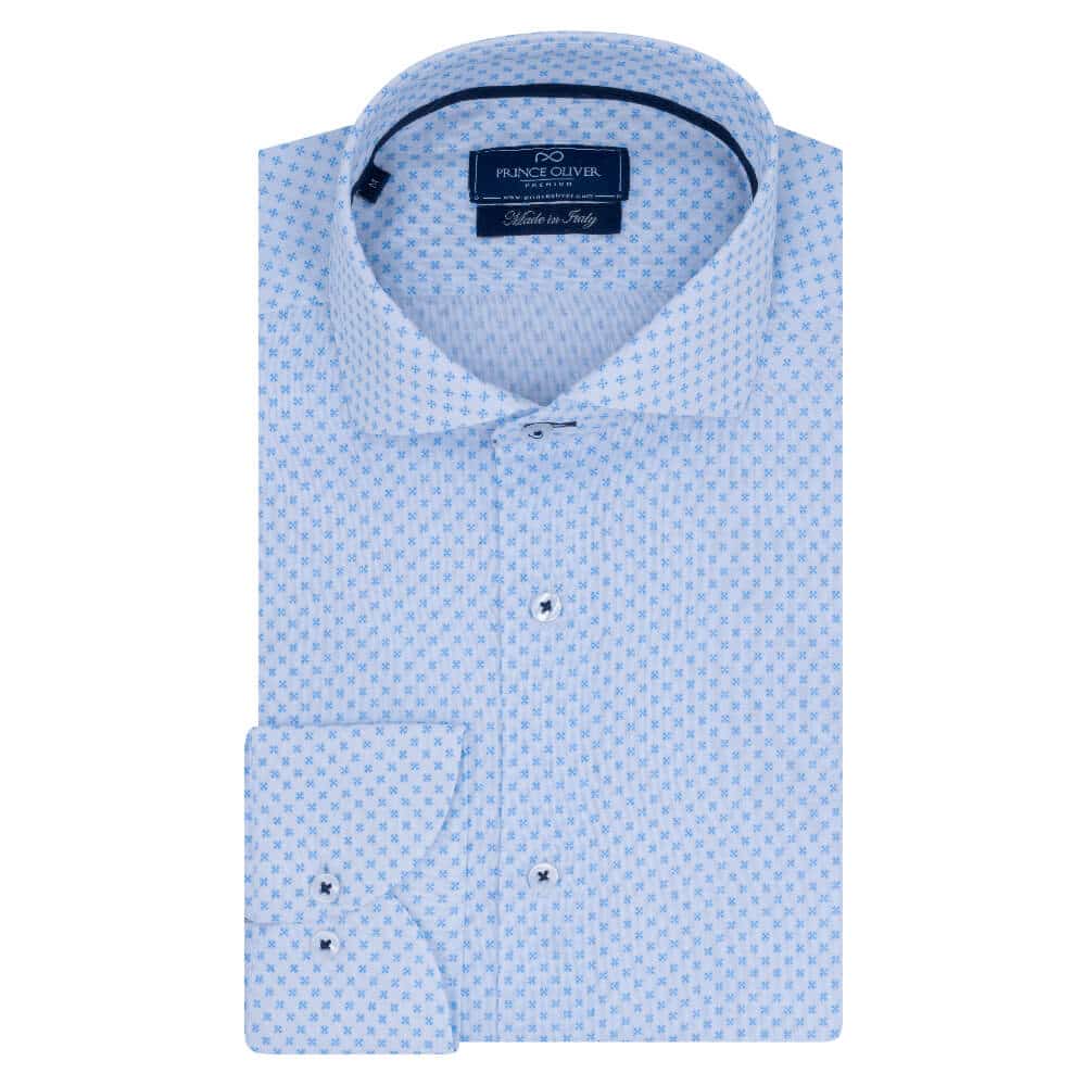 Prince Oliver Superior Πουκάμισο Λευκό με Σιέλ με Μικροσχέδιο 100% Fine Cotton (Modern Fit)
