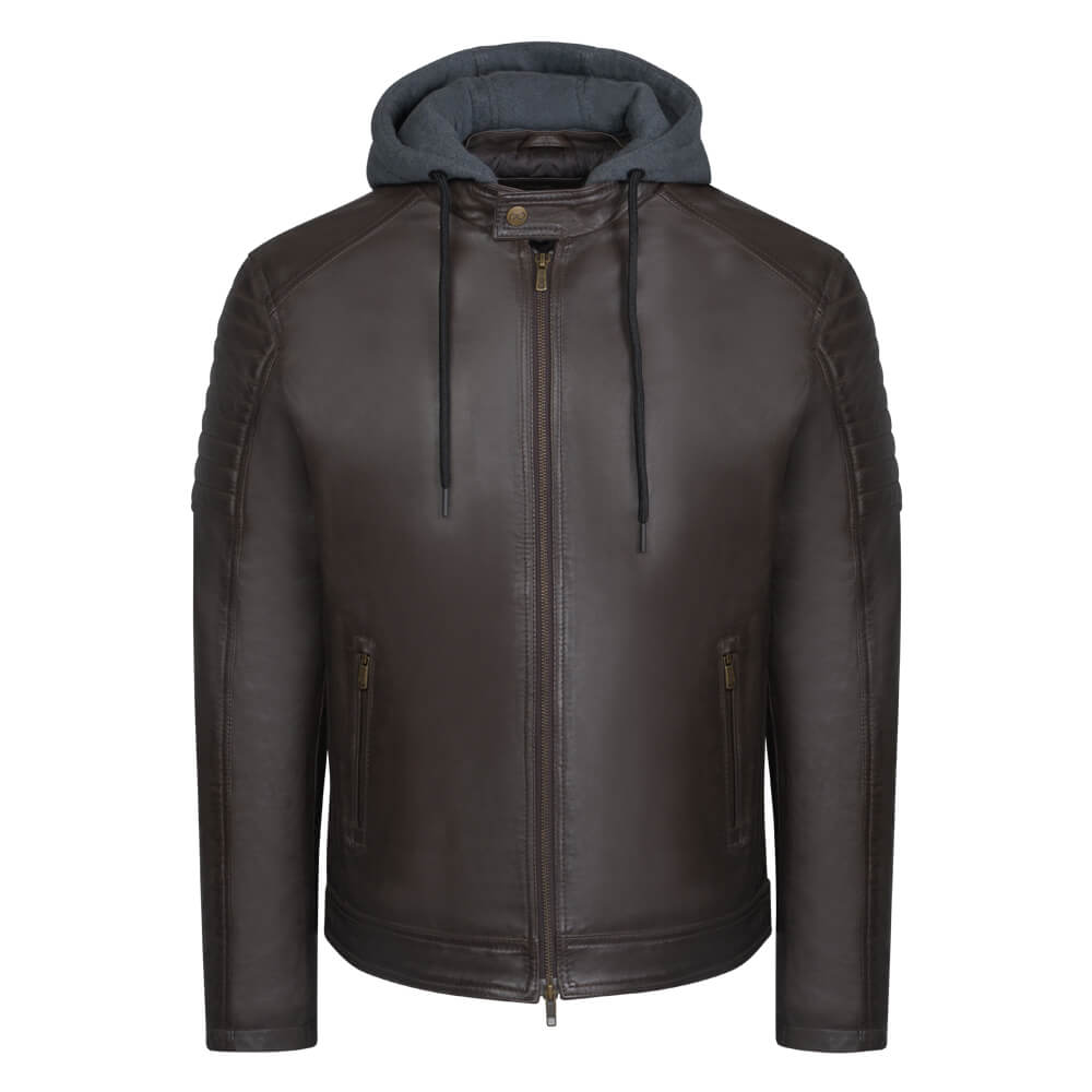 Men > Ένδυση > Ανδρικά Δερμάτινα Μπουφάν Hooded Racer Δερμάτινο Καφέ 100% Leather Jacket (Modern Fit) New Arrival