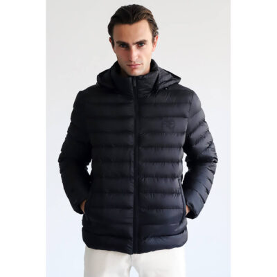 Lightweight Jacket Black with Logo Print & Detachable Hood (Modern Fit)