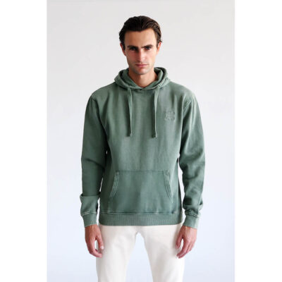 Vintage Wash Hooded Sweatshirt Green in Cotton with Knitted Logo (Modern Fit)