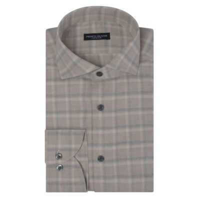 Ecru Flannel Plaid Shirt in Cotton (Modern Fit)
