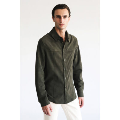 Overshirt Jacket Olive in Goat Suede Leather Modern Fit