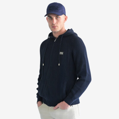 Full Zip Blue Hooded Structured Knit Cardigan (Modern Fit)