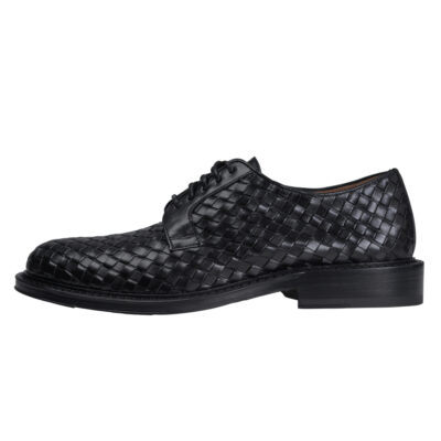 Woven Lace up Leather Derby Black Shoes