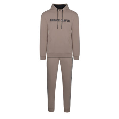 Signature Logo Hoodie Tracksuit Set Beige in Combed Cotton Relax Fit