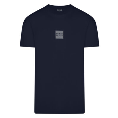 Crew Neck T-Shirt Dark Blue with Square Logo Print in Cotton Fabric Modern Fit